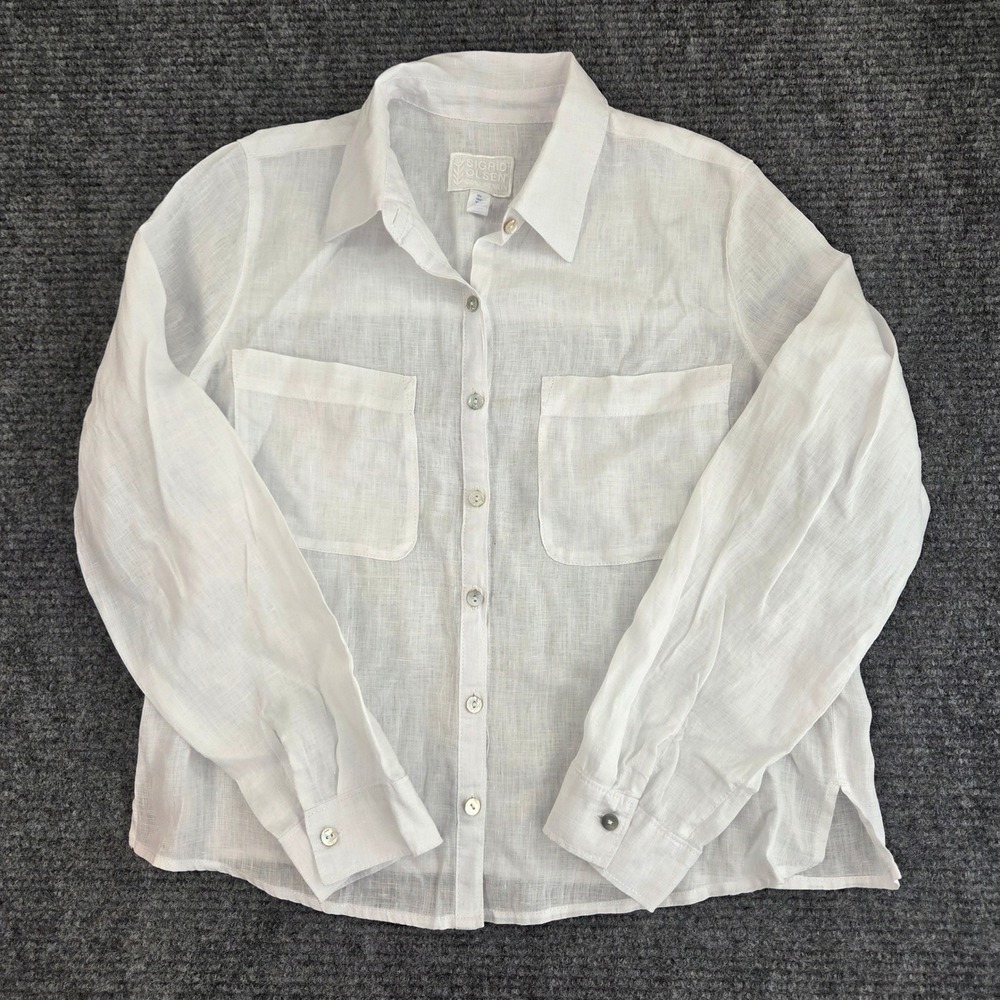 Sigrid Olsen Women White 100% Linen Button Down Pocket Shirt Size S